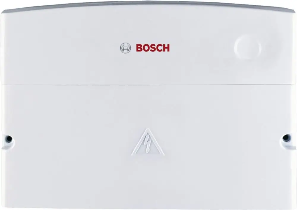 Weißes Bosch-Gerät mit rotem Logo und einem Warnsymbol für elektrische Sicherheit, geeignet für Montage in verschiedenen Anwendungen.